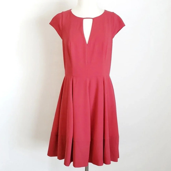 Halston Heritage Red Keyhole Cap Sleeve A-Line Dress - Picture 3 of 8